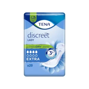 Das Bild zeigt die Verpackung des Produkts „Tena Lady Discreet Extra“. Die Hauptfarbe der Verpackung ist ein sanftes Blau mit weißen und lilafarbenen Akzenten. Auf der Vorderseite sind Grafiken abgebildet, die den Produkttyp darstellen. Der Name „Tena Lady Discreet Extra“ ist klar und gut lesbar platziert. Zusätzlich sind Hinweise zur Saugfähigkeit und Größe hervorgehoben. Im Hintergrund sind sanfte, abstrahierte Formen, die eine feminine Note verleihen.