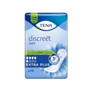 TENA Lady Discreet Extra Plus, unbenutztes Hygieneprodukt für Frauen mit Inkontinenz, auf weißem Hintergrund. Die Verpackung zeigt eine schlichte, moderne Gestaltung in sanften Farben (vorwiegend Lila und Weiß) mit einem klaren Produktnamen und bildlichen Darstellungen, die auf die Verwendung hinweisen. Es sind auch Informationen zur Grösse und Saugfähigkeit abgebildet. Die Packung ist etwa querformatig und gut sichtbar, bietet eine diskrete Lösung für die tägliche Hygiene.