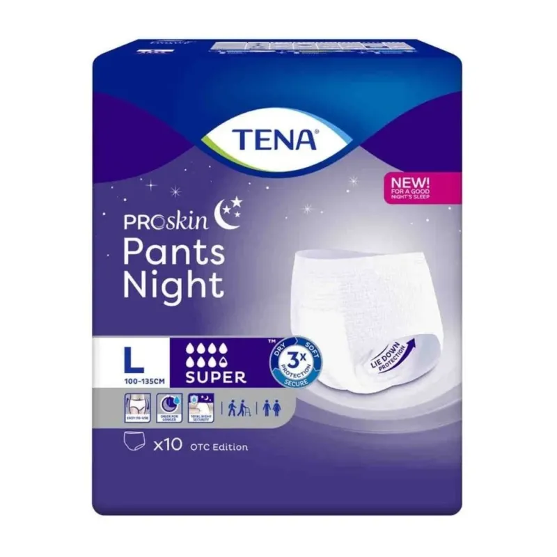 Das Produktbild zeigt eine Packung mit TENA Pants Night Super in der Größe Large, bestehend aus 10 Stück. Die Packung ist in einem hellblauen Design gehalten und trägt die Marke TENA prominent auf der Vorderseite. Auf der oberen rechten Ecke befindet sich ein Hinweis auf die Größe Large sowie das Abzeichen „Super“, das auf eine hohe Saugfähigkeit hinweist. Im Hintergrund sind zusätzliche Informationen zu Produktvorteilen und Anwendung zu erkennen.