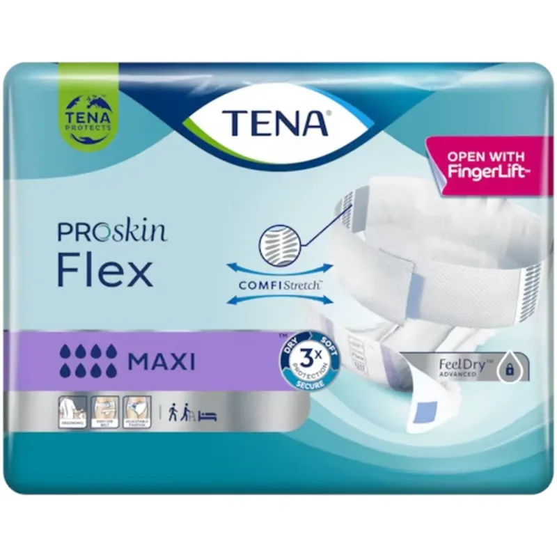 Ein Packung TENA ProSkin Flex Maxi Einweg-Inkontinenzprodukte für Männer ist abgebildet. Die Verpackung zeigt ein modernes Design in verschiedenen Blautönen mit dem TENA-Logo gut sichtbar oben. Das Produkt wird als "Maxi" gekennzeichnet und zeigt auf der Vorderseite ein Bild eines glücklichen älteren Mannes in einem hellen, freundlichen Raum. Die Rückseite der Verpackung ist nicht sichtbar, jedoch deutet das Bild auf eine benutzerfreundliche Nachfüllgröße hin, die diskret und komfortabel zu tragen ist.