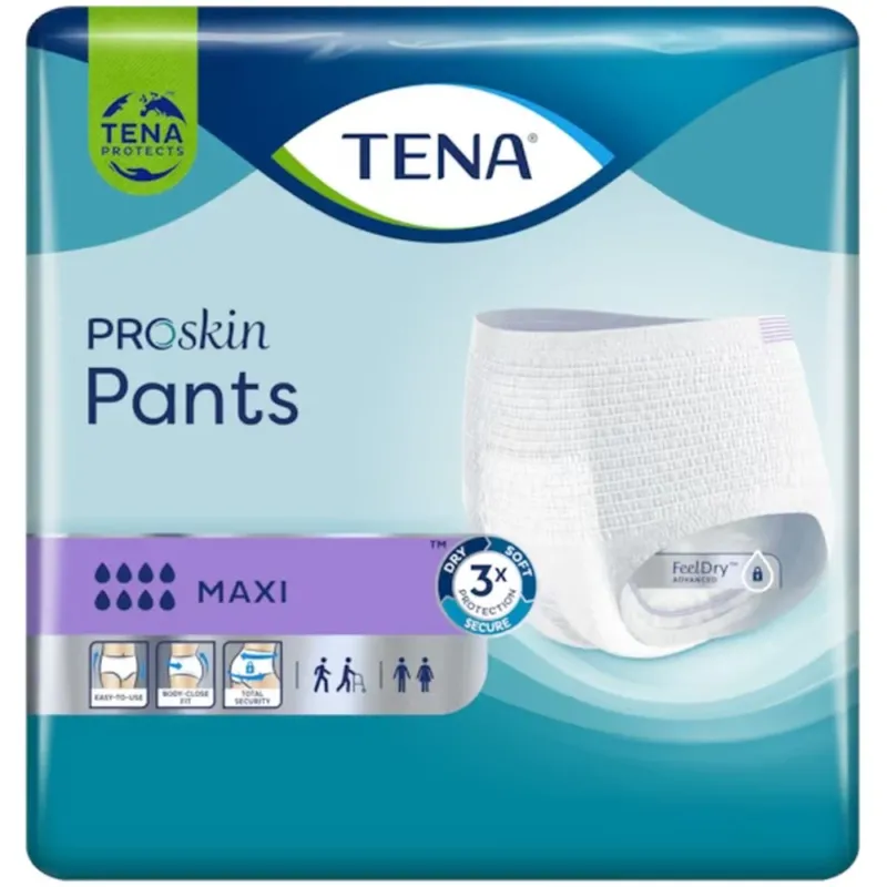 Produktbild eines TENA ProSkin Pants Maxi, das eine Packung mit Inkontinenzunterwäsche zeigt. Die Schachtel ist in einem hellen und freundlichen Design gehalten, mit dominantem Blau und weißen Akzenten. Auf der Vorderseite sind die Unterschiede der Produkteigenschaften hervorgehoben, sowie eine Abbildung einer Person in der Unterwäsche. Der Schriftzug betont Komfort und Sicherheit. Im Hintergrund sind texturierte Muster zu sehen, die den medizinischen Aspekt unterstreichen.