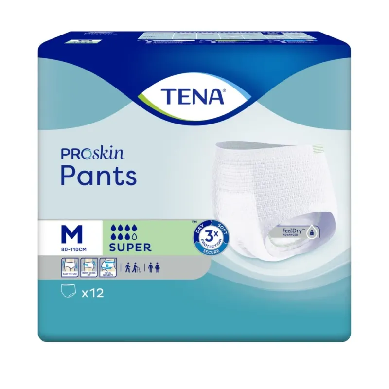 Bild eines Pakets mit TENA ProSkin Pants Super in der Größe M. Das Produkt ist in einer ansprechenden blauen und weißen Verpackung präsentiert, die deutlich die Marke TENA und den Produkttyp zeigt. Auf der Vorderseite sind Informationen zu den Eigenschaften der Pants, wie z.B. absorbierende Funktionen, abgebildet. Das Paket scheint gut strukturiert und enthält visuelle Symbole zur Unterstützung der Benutzerfreundlichkeit. Der Hintergrund ist neutral, um die Aufmerksamkeit auf das Produkt zu lenken.
