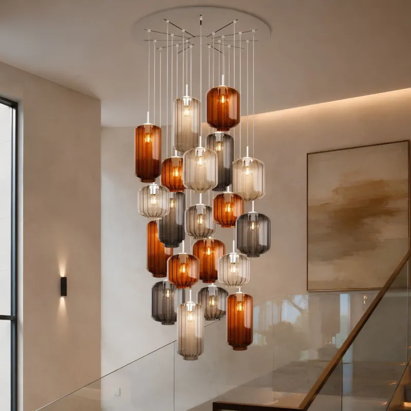 s.luce Velo Galerielampe 20-flammig Ø 120cm Ø 18/20/25cm für Treppenhaus mit Glas-Pendelleuchten