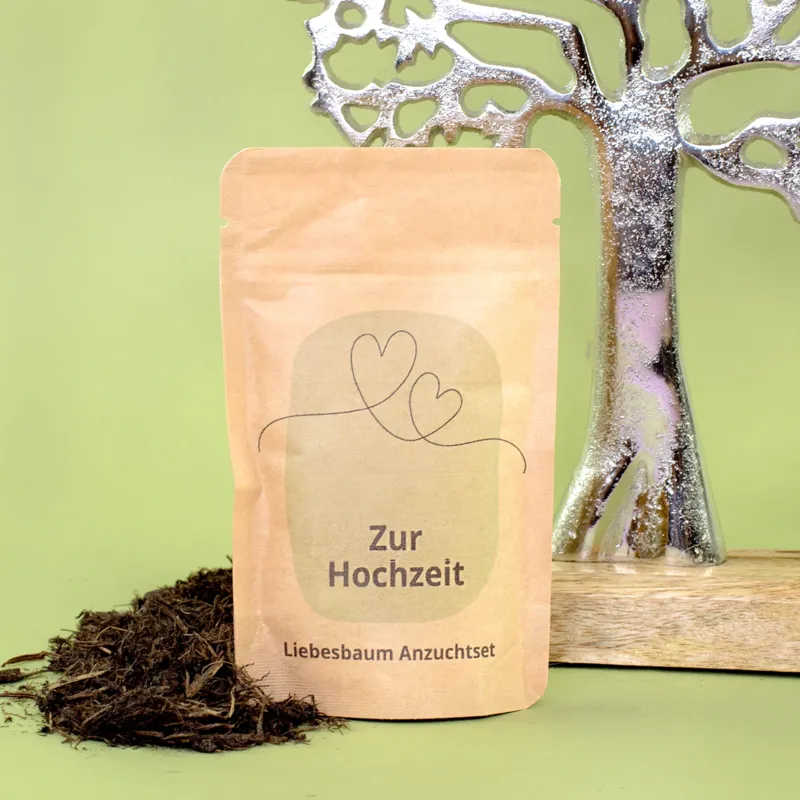 Zur Hochzeit Anzuchtset in Kraftpapiertüte mit Herzmotiv, Erde und silbernem Deko-Baum im Hintergrund